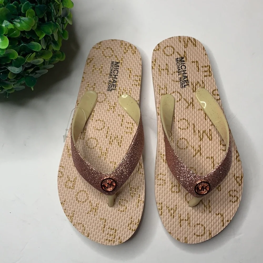 Michael Kors Blush Rose Gold Glitter Flip Flops